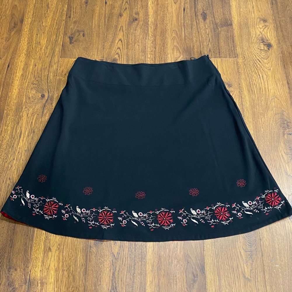 Black Midi Skirt with Red Embroidered Hem 24W
